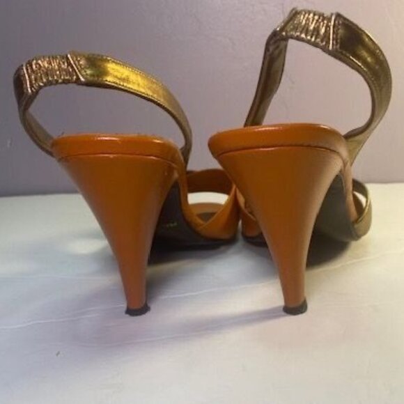 Robinsons Women's Heels - Gold & Orange Brown Strappy Sandals Size 5.5  3-Inch H - Picture 3 of 8